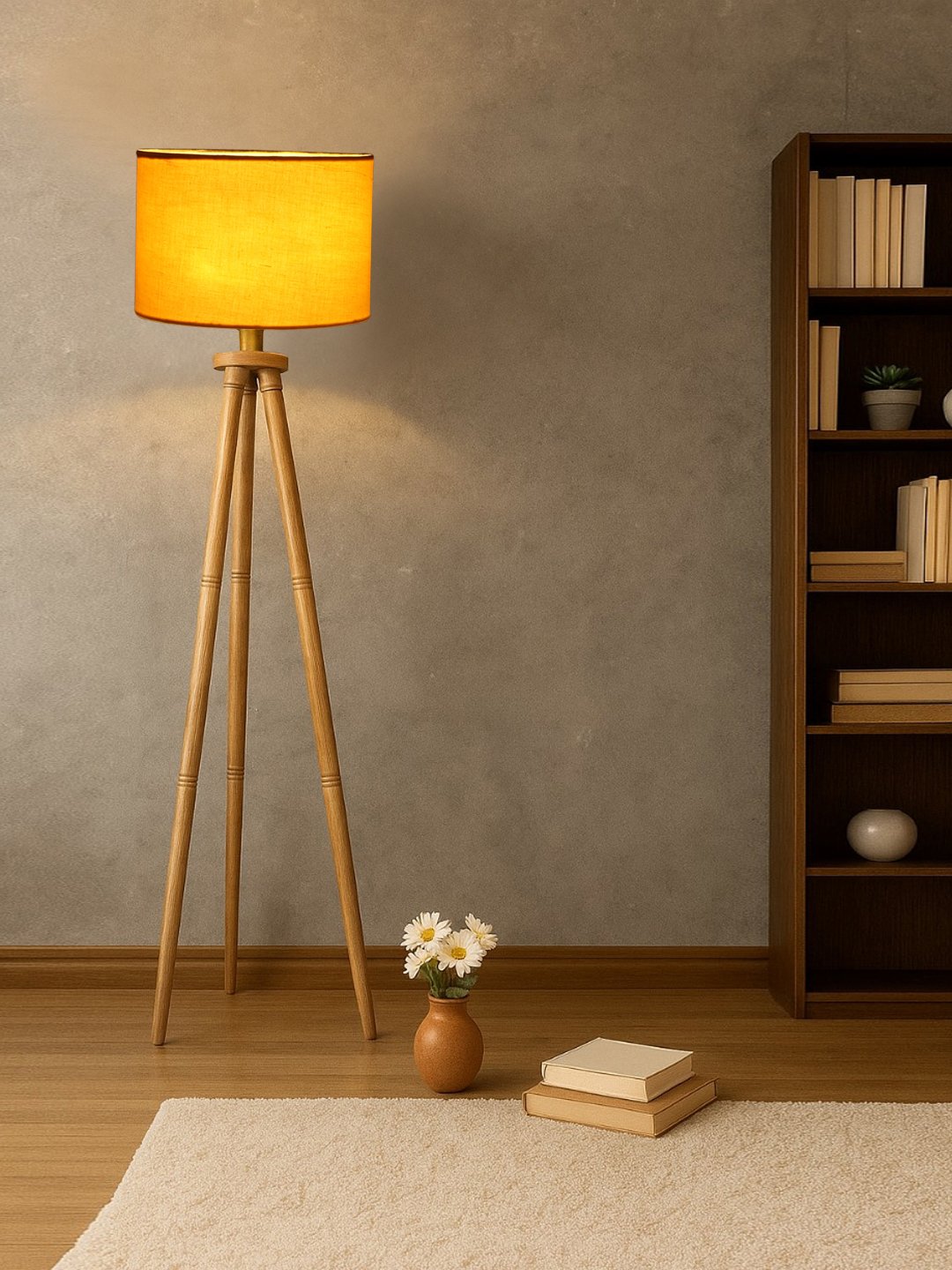 Ambika Home Designer Yellow Wooden Natural Tripod Floor Light for Living Space & Hotels | E27 Holder Included Bulb - Image 2