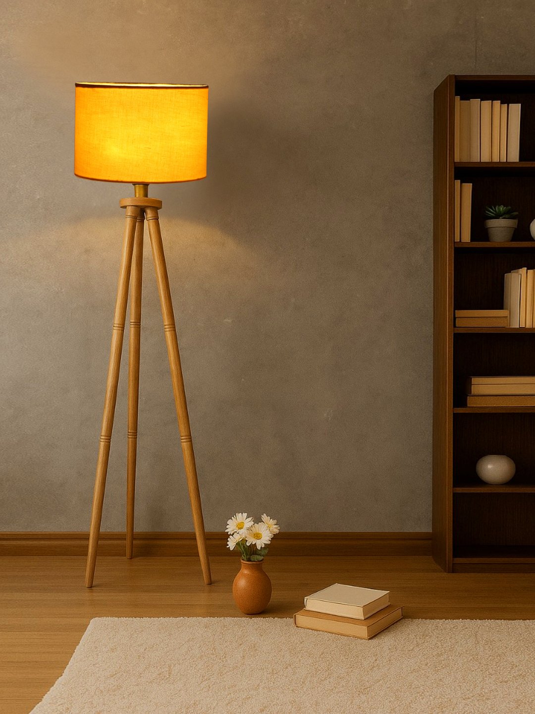 Ambika Home Designer Yellow Wooden Natural Tripod Floor Light for Living Space & Hotels | E27 Holder Included Bulb - Image 3