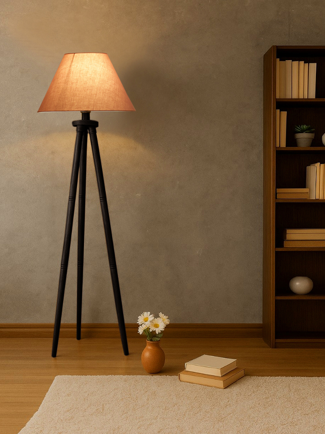 Ambika Home Grey Shade Wooden Tripod Floor Lamp for Living Room, Bedroom & Hotel Decor | E27 Holder Included Bulb - Image 3