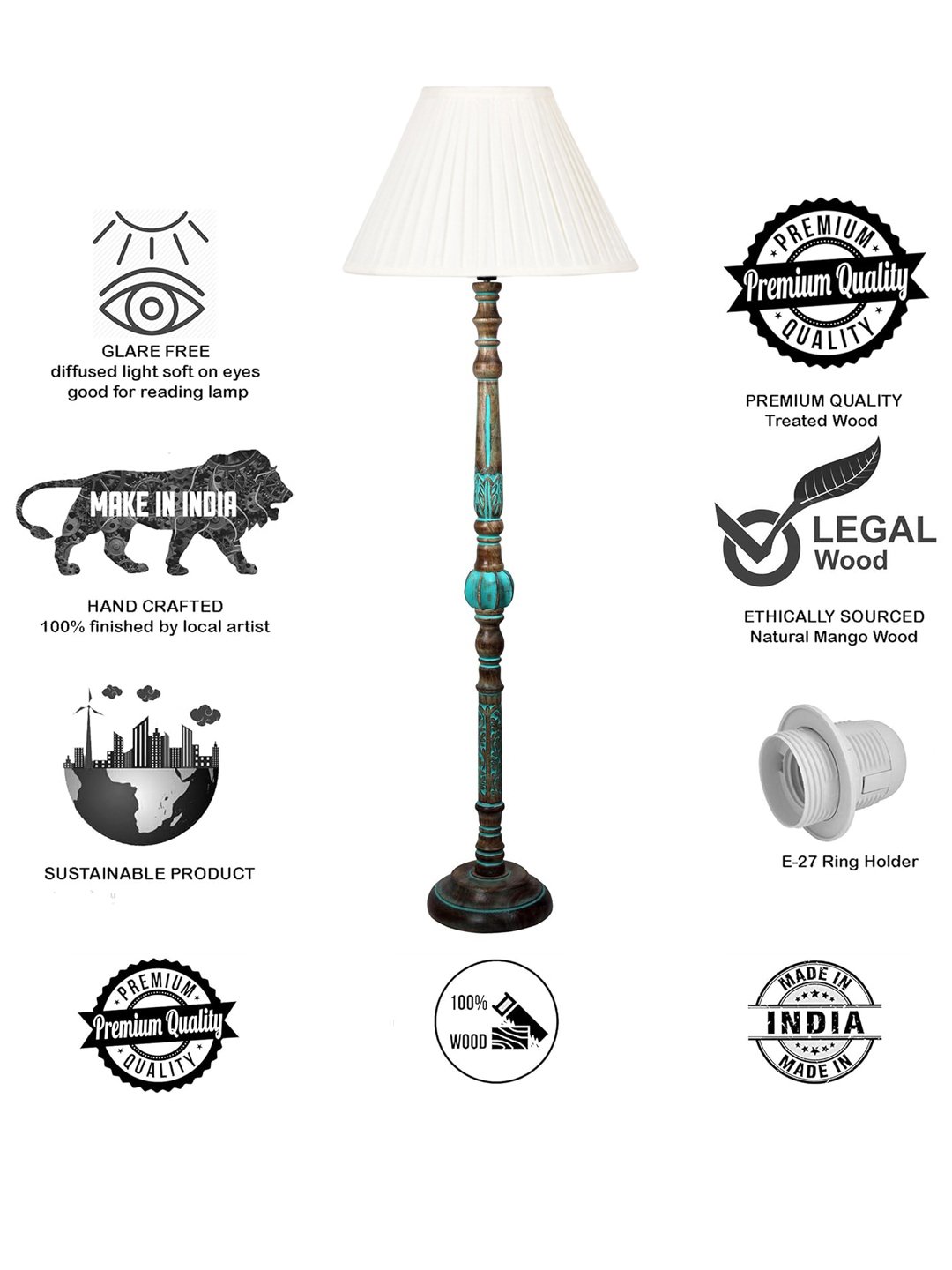 Ambika Home OFF-WHITE Shade Wooden Floor Lamp for Living Room, Bedroom & Hallway | Modern Wood Standing Lamp | B22 Holder | Hotel & Guest Room Decor - Image 8