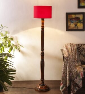 Ambika Home Elegant Premium Red Cotton Solid Wood Floor Lamp for Modern Living Room | Handcrafted Wood Floor Lamp with Red Cotton Shade for Living Room, Bedroom & Home Decor