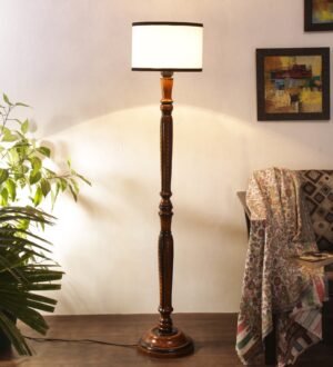 Ambika Home Soft Glow White & Black  Cotton Premium Wood Floor Lamp for Bedroom & Living Room | Handcrafted Wood Floor Lamp with White Cotton Shade for Living Room, Bedroom & Home Decor