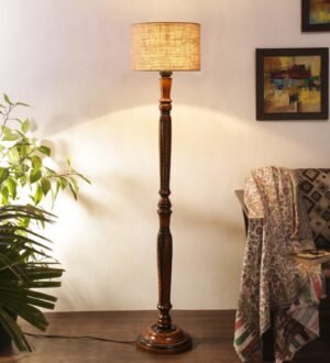 Ambika Home Luxury Beige Jute Handcrafted Wooden Floor Lamp for Home Décor | Handcrafted Wood Floor Lamp with Beige Jute Shade for Living Room, Bedroom & Home Decor