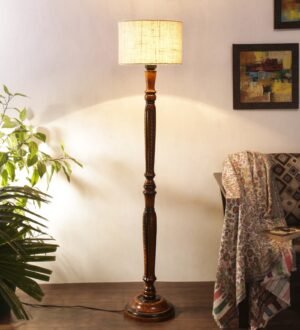 Ambika Home Premium White Jute  Solid Wood Floor Lamp for Living Room | Handcrafted Wood Floor Lamp with White Jute Shade for Living Room, Bedroom & Home Decor