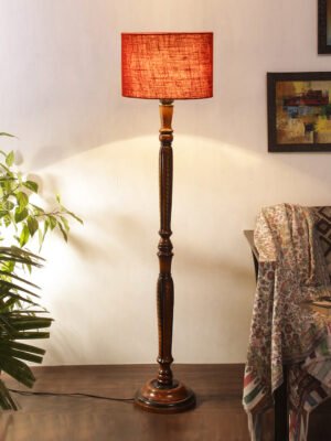 Ambika Home Luxury Handcrafted Maroon Jute  Wooden Floor Lamp for Living Room & Reading Corner | Handcrafted Wood Floor Lamp with Maroon Jute Shade for Living Room, Bedroom & Home Decor