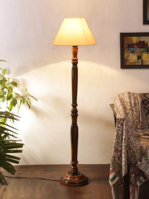 Ambika Home Conical Premium Solid Wood Off-White Cotton Floor Lamp for Elegant Living Room & Bedroom | Handcrafted Wood Floor Lamp with Off-white Cotton Shade for Living Room, Bedroom & Home Decor