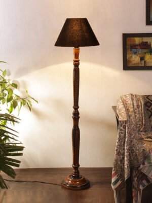 Ambika Home Conical Luxury Handcrafted Black Cotton Wooden Floor Lamp for Living Room & Reading Corner | Handcrafted Wood Floor Lamp with Black Cotton Shade for Living Room, Bedroom & Home Decor
