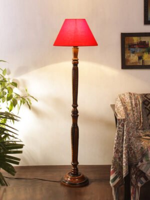 Ambika Home Conical Elegant Premium Red Cotton Solid Wood Floor Lamp for Modern Living Room | Handcrafted Wood Floor Lamp with Red Cotton Shade for Living Room, Bedroom & Home Decor