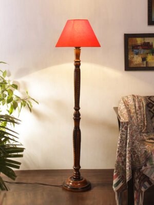 Ambika Home Conical Designer Orange Cotton Premium Wooden Floor Lamp for Living Room & Bedroom | Handcrafted Wood Floor Lamp with Orange Cotton Shade for Living Room, Bedroom & Home Decor