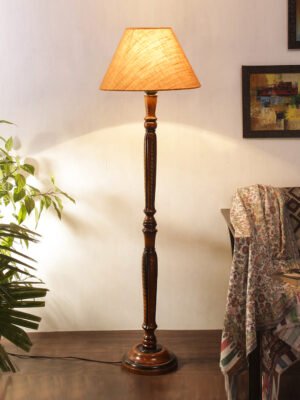 Ambika Home Conical Luxury Beige Jute Handcrafted Wooden Floor Lamp for Home Décor | Handcrafted Wood Floor Lamp with Beige Jute Shade for Living Room, Bedroom & Home Decor