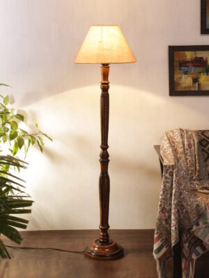 Ambika Home Conical Premium White Jute  Solid Wood Floor Lamp for Living Room | Handcrafted Wood Floor Lamp with White Jute Shade for Living Room, Bedroom & Home Decor