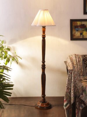 Ambika Home Luxury Handcrafted Straight Pleated off-white Wooden Floor Lamp for Living Room & Reading Corner | Handcrafted Wood Floor Lamp with Off-white Cotton Shade for Living Room, Bedroom & Home Decor