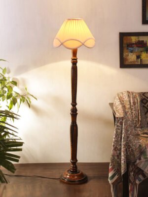 Ambika Home Premium Solid Wood Vintage Pleated off-white Floor Lamp for Elegant Living Room & Bedroom | Handcrafted Wood Floor Lamp with Off-white Cotton Shade for Living Room, Bedroom & Home Decor