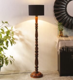 Ambika Home Luxury Handcrafted Black Cotton Wooden Floor Lamp for Living Room & Reading Corner | Handcrafted Wood Floor Lamp with Black Cotton Shade for Living Room, Bedroom & Home Decor