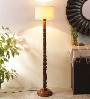 Ambika Home Premium Solid Wood Off-White Cotton Floor Lamp for Elegant Living Room & Bedroom | Handcrafted Wood Floor Lamp with Off-white Cotton Shade for Living Room, Bedroom & Home Decor