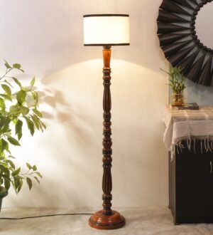 Ambika Home Soft Glow White & Black  Cotton Premium Wood Floor Lamp for Bedroom & Living Room | Handcrafted Wood Floor Lamp with White Cotton Shade for Living Room, Bedroom & Home Decor