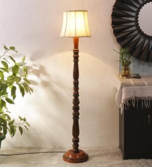Ambika Home Premium Solid Wood  Cylindrical Off-white  Cotton  Floor Lamp for Elegant Living Room & Bedroom | Handcrafted Wood Floor Lamp with Off-white Cotton Shade for Living Room, Bedroom & Home Decor