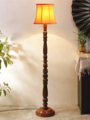 Ambika Home Premium Solid Wood  Cylindrical Yellow  Cotton  Floor Lamp for Elegant Living Room & Bedroom | Handcrafted Wood Floor Lamp with Off-white Cotton Shade for Living Room, Bedroom & Home Decor