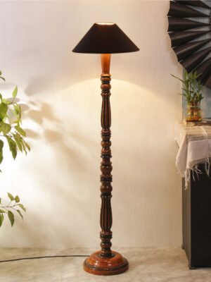Ambika Home Premium Solid Wood  Cylindrical Orange  Cotton  Floor Lamp for Elegant Living Room & Bedroom | Handcrafted Wood Floor Lamp with Off-white Cotton Shade for Living Room, Bedroom & Home Decor