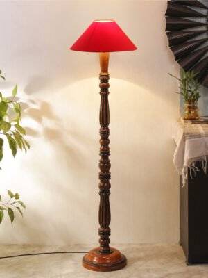 Ambika Home Premium Coolie Red cotton Designer Wooden Floor Lamp for Elegant Interiors | Handcrafted Wood Floor Lamp with Black cotton Shade for Living Room, Bedroom & Home Decor