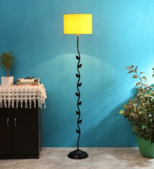 Ambika Home Iron Leaf Floor Lamp with Yellow Drum Shade, Powder Coated Metal Standing Lamp for Reading Corner, Bedroom & Luxury Interiors
