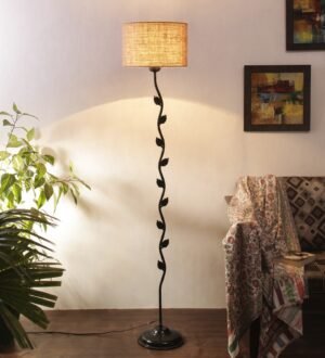 Ambika Home Iron Leaf Floor Lamp with Beige Jute Drum Shade, Powder Coated Metal Standing Lamp for Hallway, Hotel Lobby & Luxury Interiors