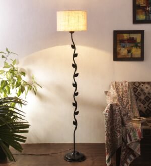 Ambika Home Iron Leaf Floor Lamp with White Jute Drum Shade, Powder Coated Metal Standing Lamp for Guest Room, Reading Corner & Luxury Interiors