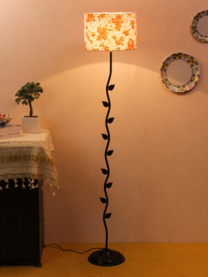 Ambika Home Iron Leaf Floor Lamp with Printed Cotton Drum Shade, Powder Coated Metal Standing Lamp for Hallway, Hotel Lobby & Luxury Interiors