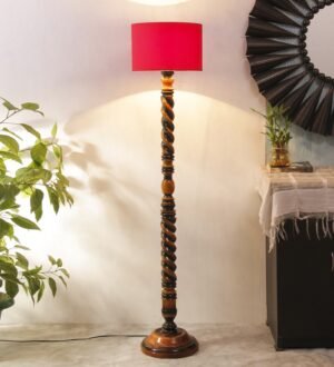 Ambika Home Windsor Spiral Red Shade Wooden Floor Lamp for Living Room, Bedroom, Hallway, Guest Room & Hotel Decor | Handcrafted Standing Lamp with E27 Holder