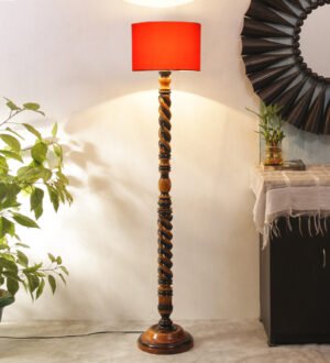 Ambika Home Regal Twist Orange Shade Wooden Floor Lamp for Living Room, Bedroom, Hallway, Guest Room & Hotel Decor | Handcrafted Standing Lamp with E27 Holder