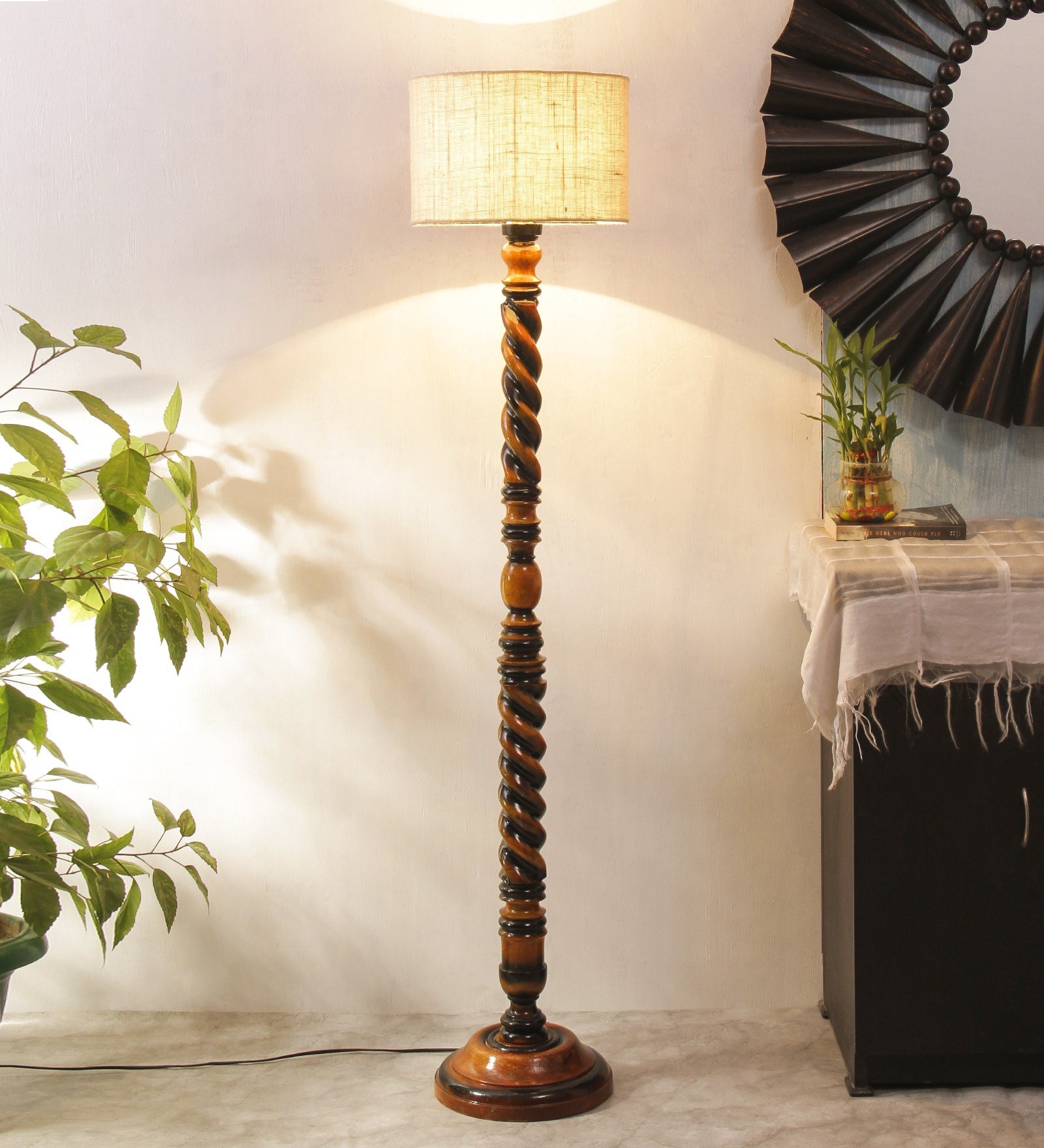 Ambika Home Classic Colonial White Shade Wooden Floor Lamp for Living Room, Bedroom, Hallway, Guest Room & Hotel Decor | Handcrafted Standing Lamp with E27 Holder