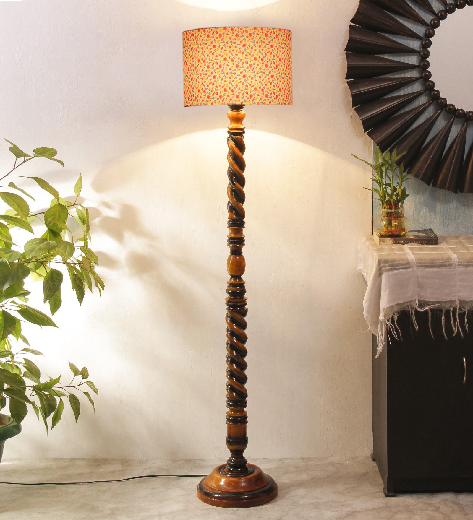 Ambika Home Royal Crest Designer Shade Wooden Floor Lamp for Living Room, Bedroom, Hallway, Guest Room & Hotel Decor | Handcrafted Standing Lamp with E27 Holder