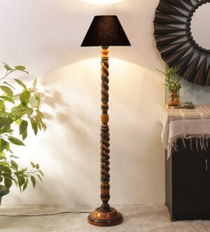 Ambika Home Heritage Manor Black Shade Wooden Floor Lamp for Living Room, Bedroom, Hallway, Guest Room & Hotel Decor | Handcrafted Standing Lamp with E27 Holder