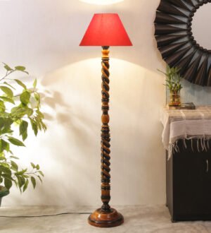 Ambika Home Royal Twist Orange Shade Wooden Floor Lamp for Living Room, Bedroom, Hallway, Guest Room & Hotel Decor | Handcrafted Standing Lamp with E27 Holder