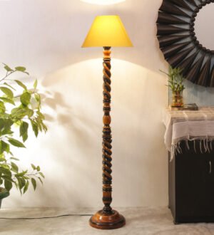 Ambika Home Crimson Heritage Yellow Shade Wooden Floor Lamp for Living Room, Bedroom, Hallway, Guest Room & Hotel Decor | Handcrafted Standing Lamp with E27 Holder