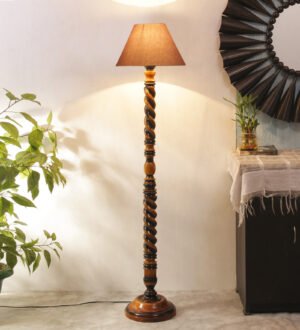Ambika Home Windsor Spiral Grey Shade Wooden Floor Lamp for Living Room, Bedroom, Hallway, Guest Room & Hotel Decor | Handcrafted Standing Lamp with E27 Holder