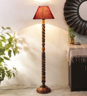 Ambika Home Artisan Royale Maroon Shade Wooden Floor Lamp for Living Room, Bedroom, Hallway, Guest Room & Hotel Decor | Handcrafted Standing Lamp with E27 Holder