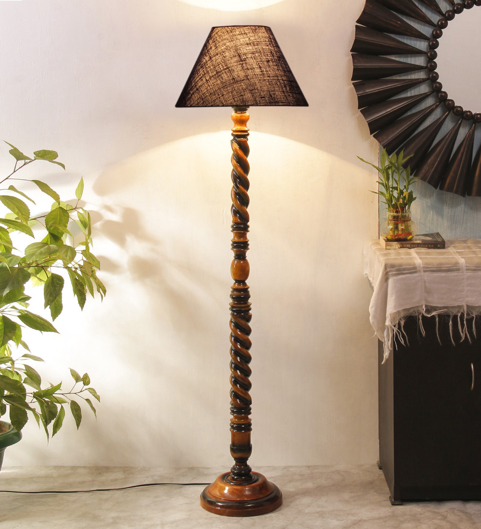Ambika Home Classic Colonial Blue Shade Wooden Floor Lamp for Living Room, Bedroom, Hallway, Guest Room & Hotel Decor | Handcrafted Standing Lamp with E27 Holder