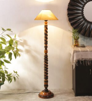 Ambika Home Crimson Heritage White Shade Wooden Floor Lamp for Living Room, Bedroom, Hallway, Guest Room & Hotel Decor | Handcrafted Standing Lamp with E27 Holder