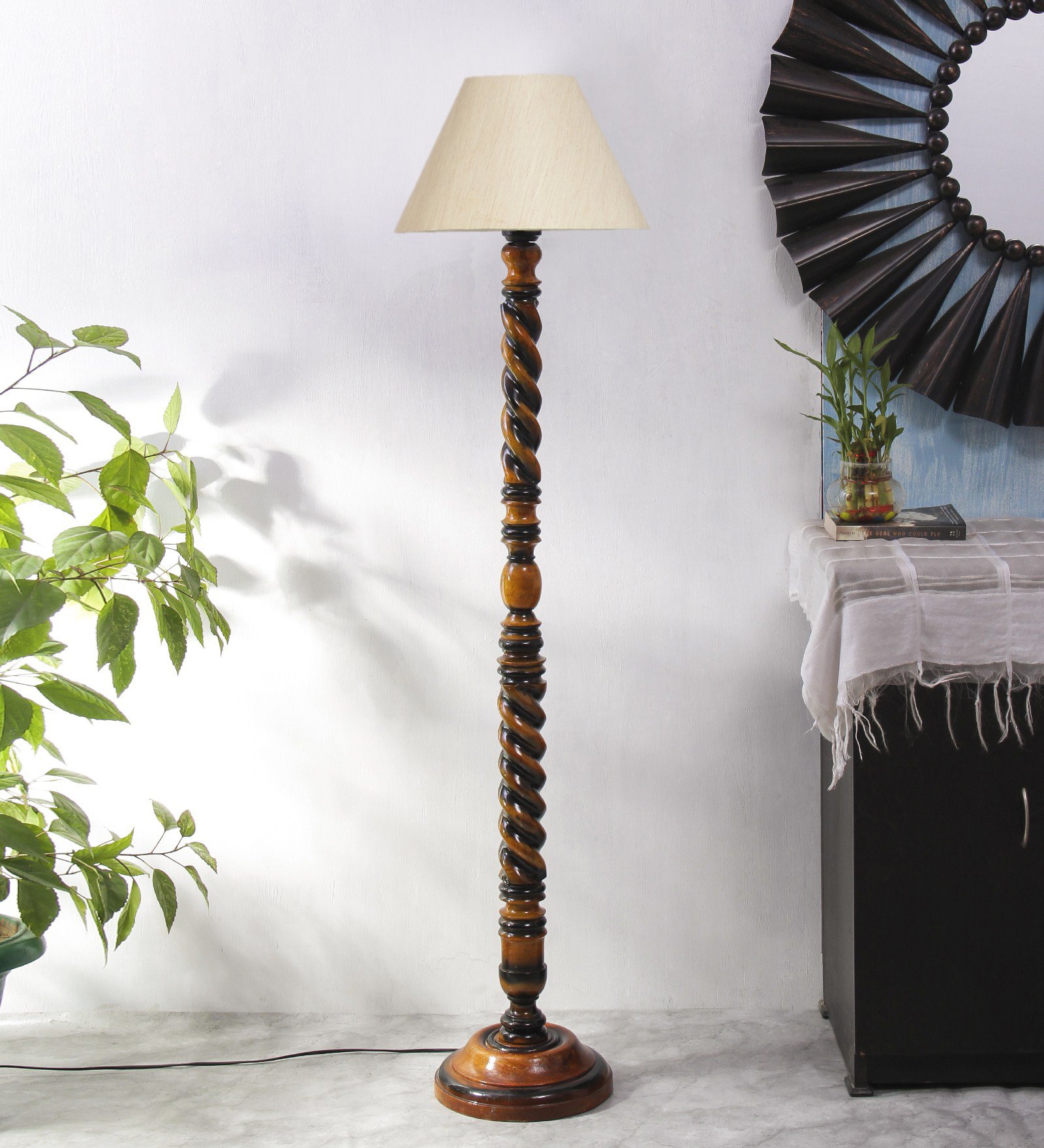Ambika Home Grand Dynasty White Shade Wooden Floor Lamp for Living Room, Bedroom, Hallway, Guest Room & Hotel Decor | Handcrafted Standing Lamp with E27 Holder - Image 2