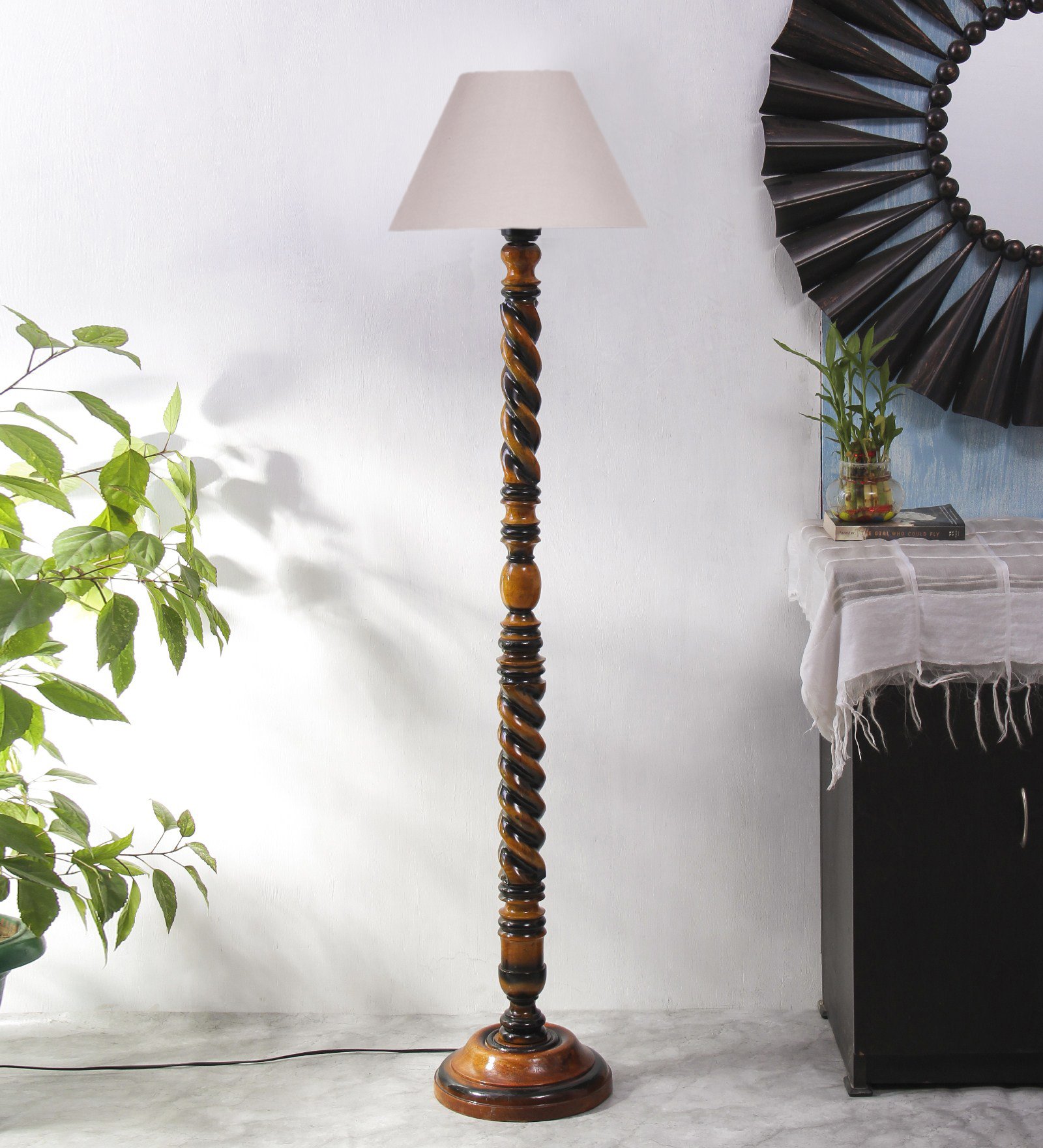 Ambika Home Windsor Spiral Grey Shade Wooden Floor Lamp for Living Room, Bedroom, Hallway, Guest Room & Hotel Decor | Handcrafted Standing Lamp with E27 Holder - Image 2
