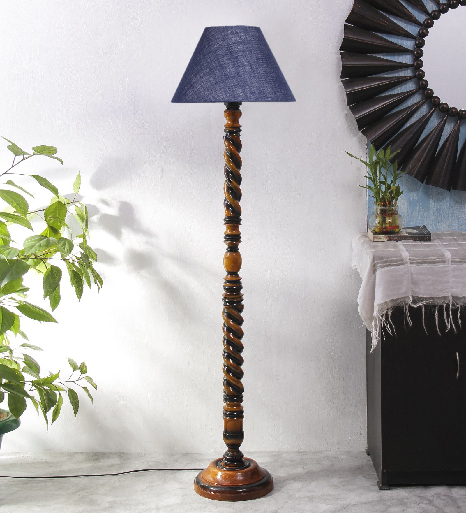 Ambika Home Classic Colonial Blue Shade Wooden Floor Lamp for Living Room, Bedroom, Hallway, Guest Room & Hotel Decor | Handcrafted Standing Lamp with E27 Holder - Image 2