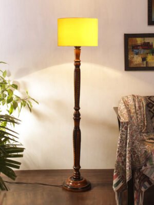 Ambika Home Sophisticated Yellow Cotton Solid Wood Floor Lamp for Living Room & Lounge | Handcrafted Wood Floor Lamp with Yellow Cotton Shade for Living Room, Bedroom & Home Decor