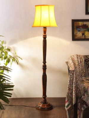 Ambika Home Premium Solid Wood Cylindrical Yellow Cotton Floor Lamp for Elegant Living Room & Bedroom | Handcrafted Wood Floor Lamp with Off-white Cotton Shade for Living Room, Bedroom & Home Decor