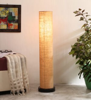 Ambika Home Velvet Monarch Beige Shade Premium Floor Lamp with Wooden Base | Luxury Designer Lighting | E27 Holder Included Bulb