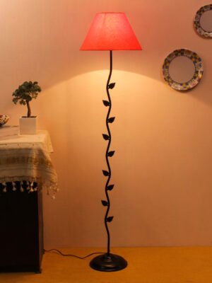 Ambika Home Iron Leaf Floor Lamp with Orange Conical Shade, Powder Coated Metal Standing Lamp for Bedroom, Guest Room & Luxury Interiors