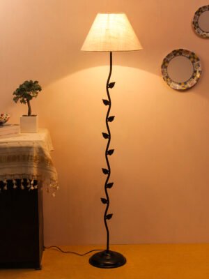 Ambika Home Iron Leaf Floor Lamp with White Jute Conical Shade, Powder Coated Metal Standing Lamp for Living Room, Hallway & Luxury Interiors