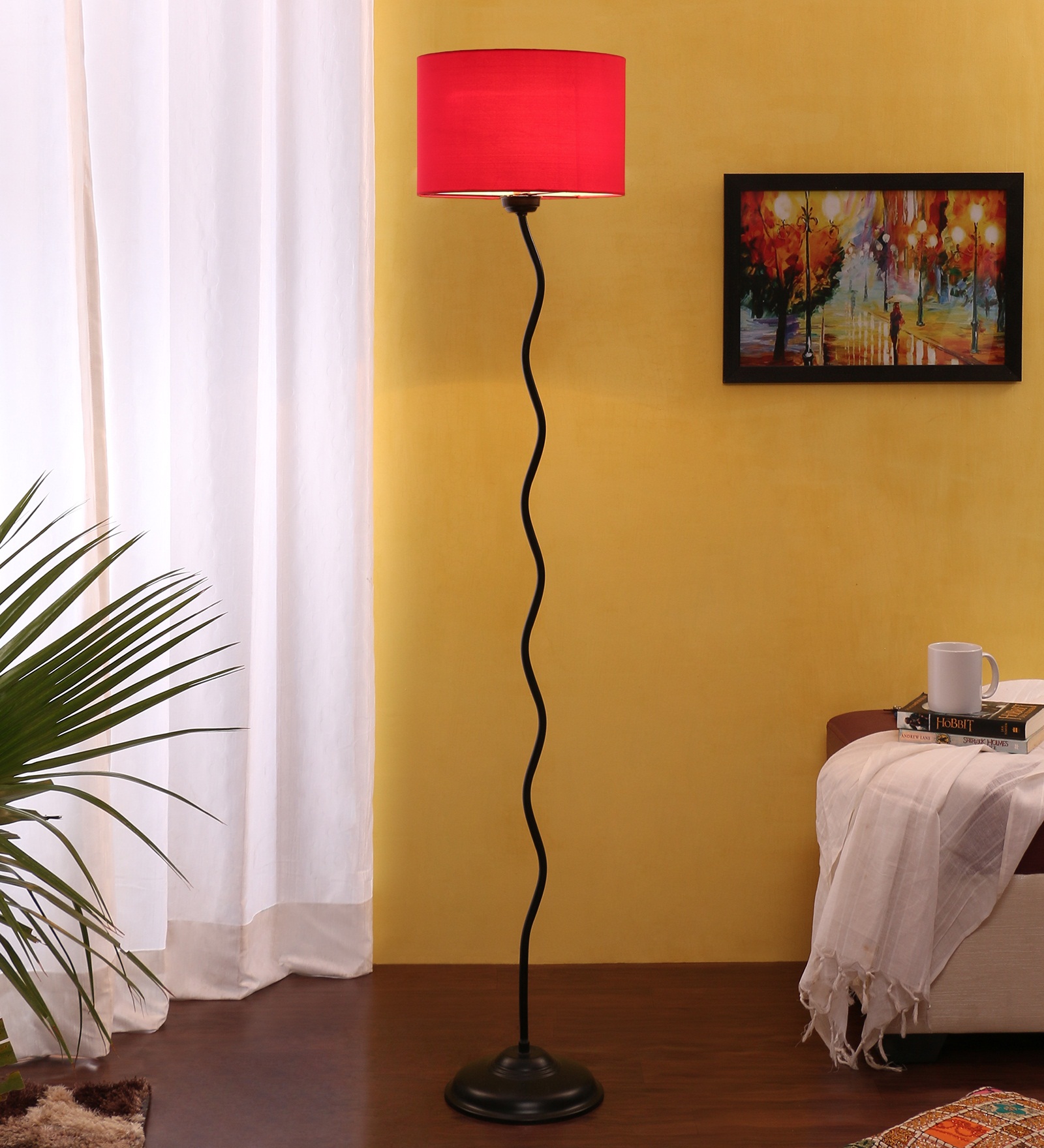 Ambika Home Red Cotton Zig Zag Floor Lamp | Modern Standing Lamp for Living Room, Bedroom & Home Decor